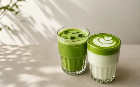 Dwa orzeźwiające napoje: zielone matcha latte z pianką i lodowe matcha. Idealne na upalne dni.