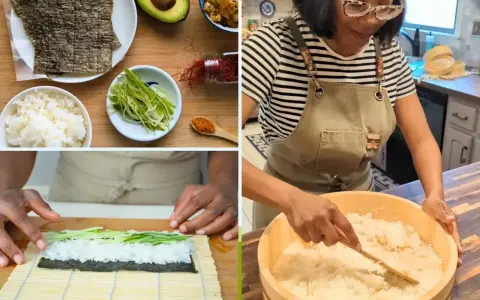 Przygotowanie sushi: ile ryżu na rolkę? Składniki: ryż, awokado, nori, ogórek. Kobieta miesza ryż w drewnianej misce.