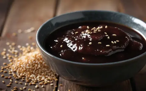 Gęsty, ciemny sos w misce, posypany sezamem. Obok garść ziaren sezamu. Idealny, gdy szukasz, czym zastąpić sos teriyaki.