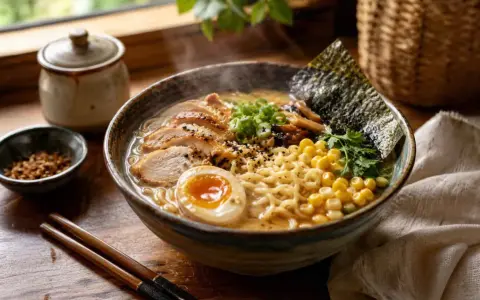 Pyszne, parujące ramen z kurczakiem, jajkiem i kukurydzą. Idealny przepis, jak zrobić ramen w domu.