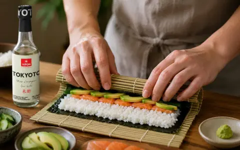 Ręce zwijają sushi z łososiem i awokado. Obok butelka octu ryżowego do sushi.