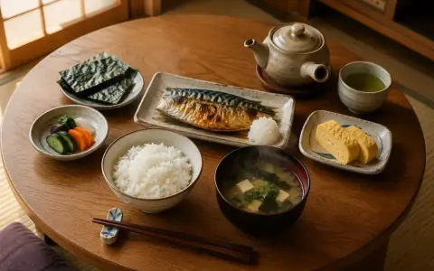 Tradycyjne japońskie jedzenie: ryż, grillowana makrela, zupa miso, tamagoyaki, nori i marynowane warzywa.