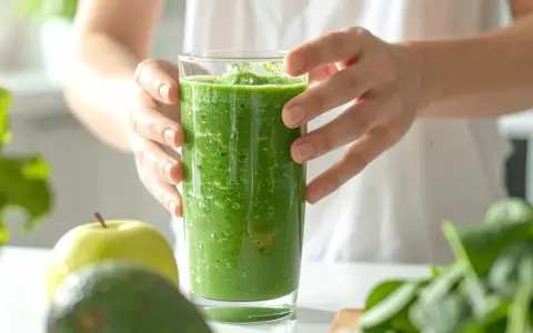 Zielony koktajl z awokado, kiwi i banana, gotowy do spożycia. Obok jabłko i świeży szpinak.