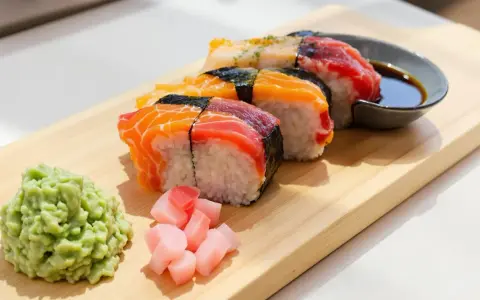 Kolorowe sushi z łososiem i tuńczykiem, podane z wasabi, marynowanym imbirem i sosem sojowym. Idealne sushi składniki na desce.