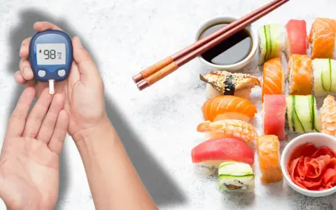 Ręka z glukometrem obok talerza sushi. Zastanawiasz się nad sushi indeks glikemiczny?
