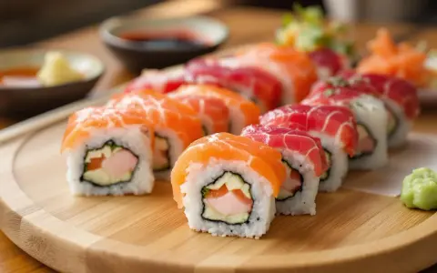 Na talerzu sushi z łososiem i tuńczykiem. Czy w sushi jest surowa ryba? Tak, często, jak widać na zdjęciu.