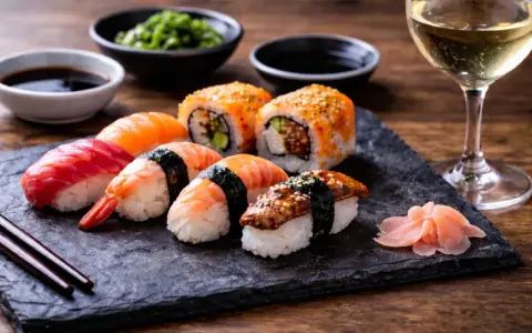 Wyśmienite japońskie piwo i sushi na kamiennej desce. Idealne połączenie smaków.