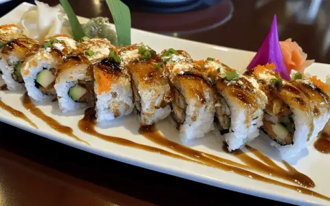 Pyszne sushi z awokado i sosem teriyaki. Zastanawiasz się, ile sushi może stac w lodowce? Najlepiej zjeść je od razu!