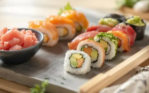 Różnorodne sushi z łososiem i awokado, obok miseczka z różowym, imbir marynowany.