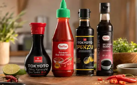 Na drewnianej desce stoją cztery butelki sosów: Vifon Tokyoto Soy Sauce, TaoTao Sriracha Sos Chili Ostry, Tokyoto Ponzu (cytrusowy sos sojowy) i TaoTao Sos Teriyaki Słodki. Obok leżą limonki i papryczki chili.