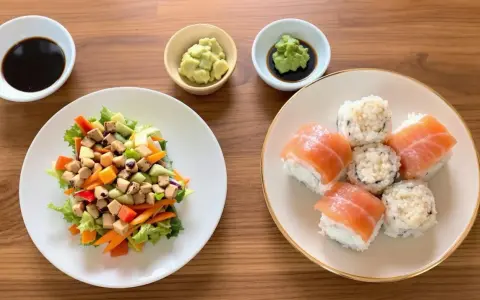 Na stole sushi z łososiem i sałatka z tofu. W miseczkach sos sojowy, wasabi i pasta. Zastanawiasz się, czym się różni kimbap od sushi?