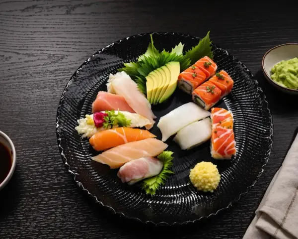 Talerz z różnorodnym sushi: nigiri z łososiem, tuńczykiem, kalmarem, rolki z łososiem, awokado. Obok sos sojowy, wasabi i pałeczki. Czy sushi się podgrzewa? Nie, to danie serwuje się na zimno.