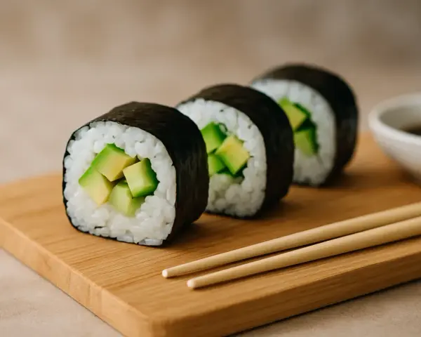 Trzy rolki sushi z awokado do sushi, ułożone na drewnianej desce, obok sosu sojowego i pałeczek.