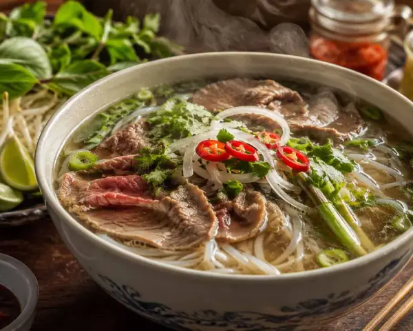 Aromatyczne pho bo z wołowiną, makaronem ryżowym, świeżymi ziołami, cebulą i papryczką chili. Obok miski kiełki, limonka i sos.