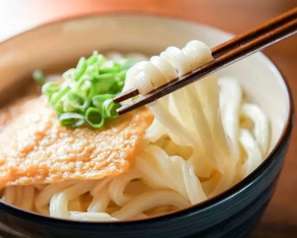 Miseczka z makaronem udon, polana sosem, posypana szczypiorkiem. Pałeczki unoszą porcję grubego makaronu. Pyszne danie, które warto znać pod kątem makaron udon kcal.