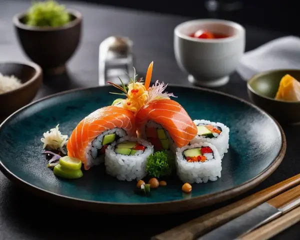 Wykwintne rolki sushi z łososiem, awokado i warzywami, podane z dodatkami do sushi: wasabi, imbirem i sosem.