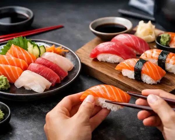 Różnorodne nigiri co to? Pyszne sushi z łososiem, tuńczykiem i krewetkami, podane z wasabi i sosem sojowym.