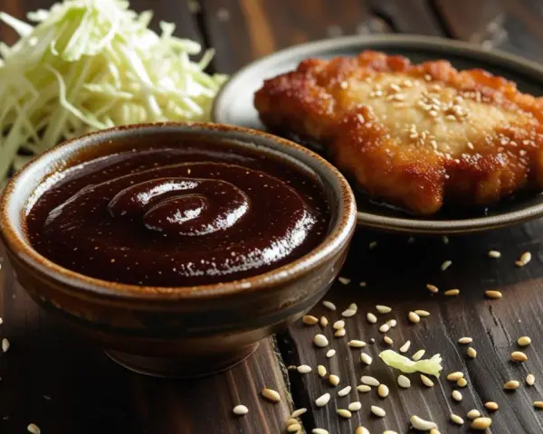 Gęsty, ciemny sos tonkatsu w miseczce, obok smażonego kotleta i poszatkowanej kapusty.
