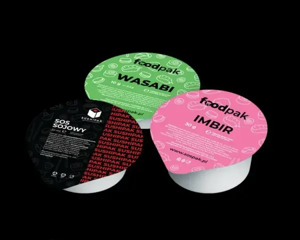 Trzy małe pojemniki z dodatkami do sushi: zielony z wasabi, różowy z imbirem i czarny z sosem sojowym.