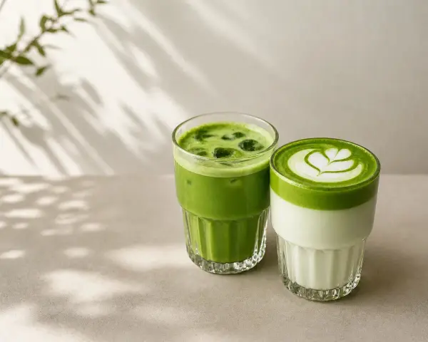 Dwa orzeźwiające napoje: zielone matcha latte z pianką i lodowe matcha. Idealne na upalne dni.