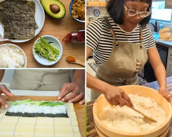 Przygotowanie sushi: ile ryżu na rolkę? Składniki: ryż, awokado, nori, ogórek. Kobieta miesza ryż w drewnianej misce.