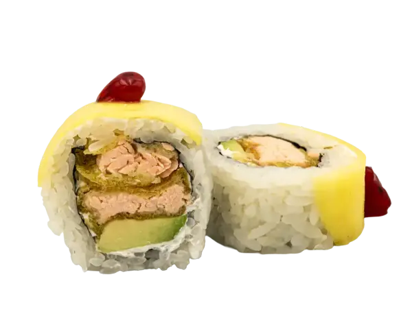 Rolka sushi z łososiem, awokado i żółtym serem. Idealne warzywa do sushi to świeże i chrupiące składniki.
