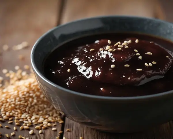Gęsty, ciemny sos w misce, posypany sezamem. Obok garść ziaren sezamu. Idealny, gdy szukasz, czym zastąpić sos teriyaki.