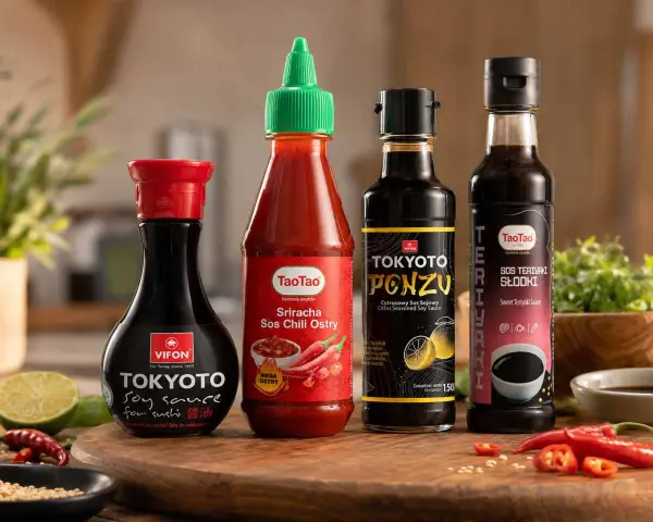 Cztery butelki sosów: sojowy, sriracha, ponzu i teriyaki, gotowe do sushi.