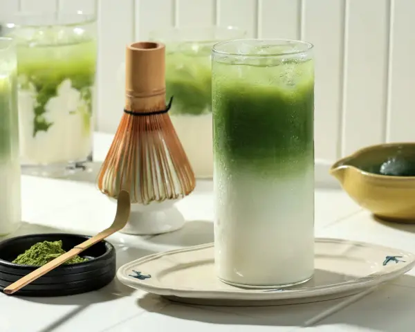 Zielone napoje matcha z lodem, bambusowa miotełka i proszek matcha.