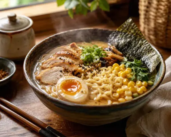 Pyszne, parujące ramen z kurczakiem, jajkiem i kukurydzą. Idealny przepis, jak zrobić ramen w domu.