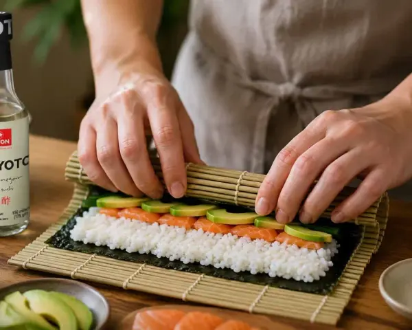 Ręce zwijają sushi z łososiem i awokado. Obok butelka octu ryżowego do sushi.