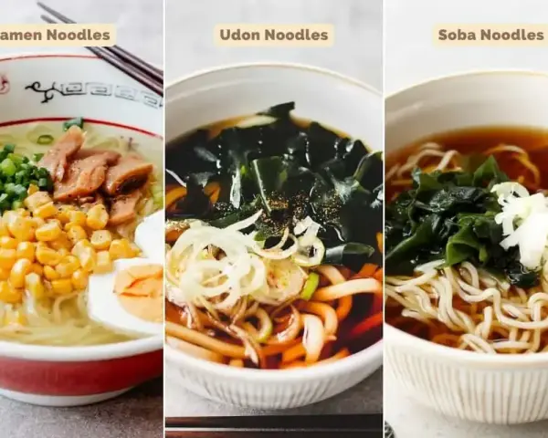 Trzy miski z japońskim makaronem: ramen z jajkiem i kukurydzą, udon z wodorostami i soba z zieloną cebulką.