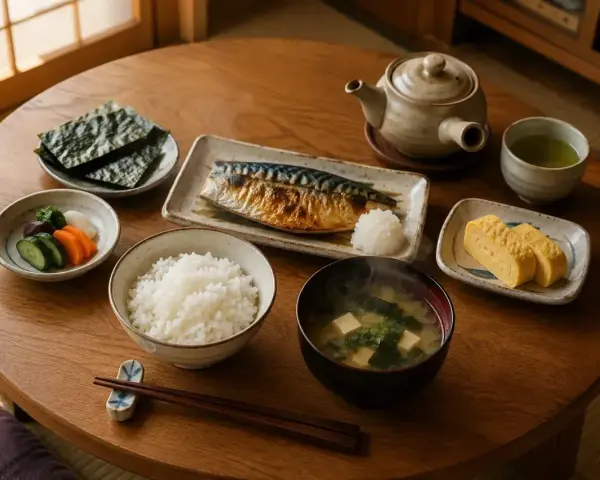 Tradycyjne japońskie jedzenie: ryż, grillowana makrela, zupa miso, tamagoyaki, nori i marynowane warzywa.