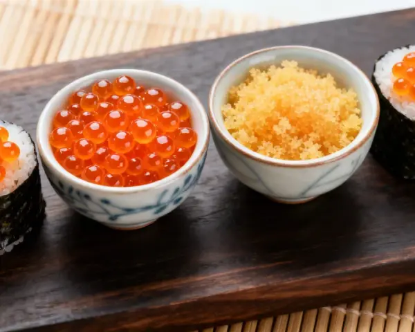Dwa sushi rolki z pomarańczowym ikrą masago i miseczki z ikrą.