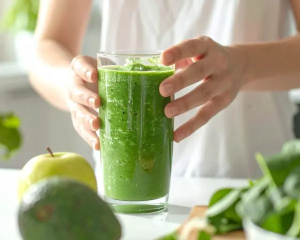 Zielony koktajl z awokado, kiwi i banana, gotowy do spożycia. Obok jabłko i świeży szpinak.
