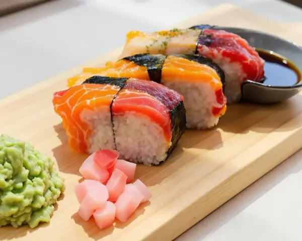 Kolorowe sushi z łososiem i tuńczykiem, podane z wasabi, marynowanym imbirem i sosem sojowym. Idealne sushi składniki na desce.
