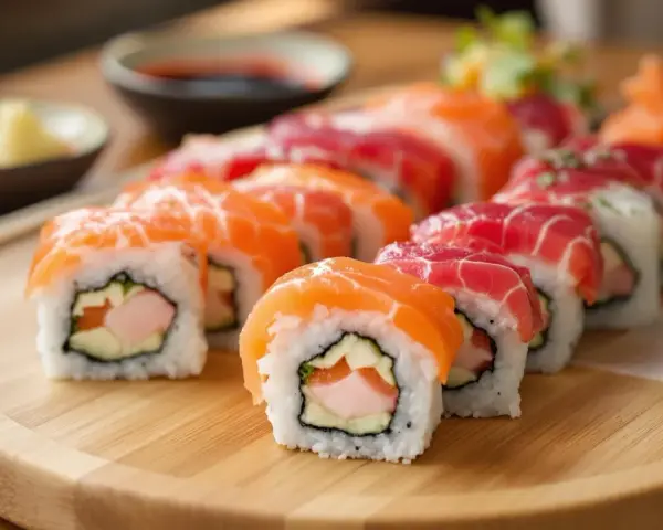 Na talerzu sushi z łososiem i tuńczykiem. Czy w sushi jest surowa ryba? Tak, często, jak widać na zdjęciu.