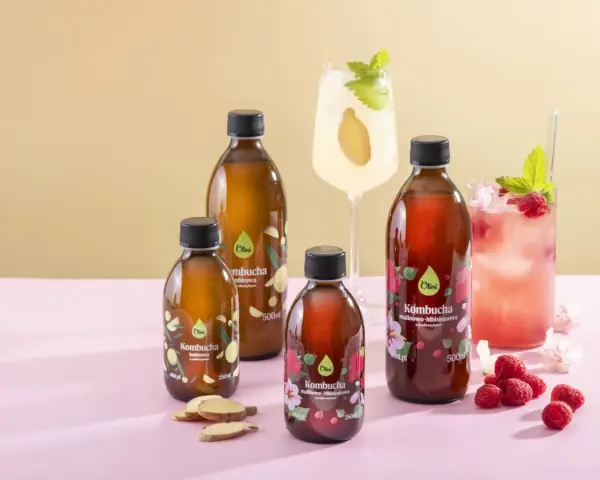 Butelki kombuchy, napoje i maliny. Pamiętaj o kombucha przeciwwskazania, szczególnie przy problemach z żołądkiem.