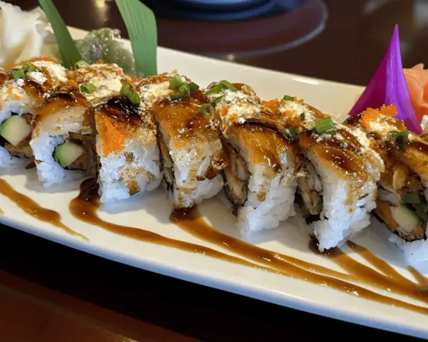 Pyszne sushi z awokado i sosem teriyaki. Zastanawiasz się, ile sushi może stac w lodowce? Najlepiej zjeść je od razu!