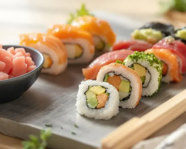 Różnorodne sushi z łososiem i awokado, obok miseczka z różowym, imbir marynowany.