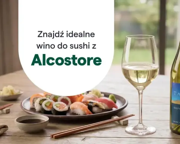 Idealne wino do sushi czeka! Zobacz, jakie wino do sushi poleca Alcostore, obok świeżego sushi i kieliszka białego wina.