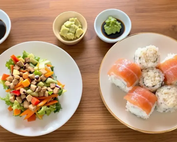Na stole sushi z łososiem i sałatka z tofu. W miseczkach sos sojowy, wasabi i pasta. Zastanawiasz się, czym się różni kimbap od sushi?