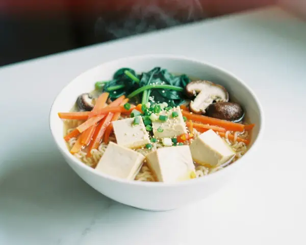 A miseczce ramenu z kostkami tofu, marchewką, szpinakiem i grzybami shiitake.