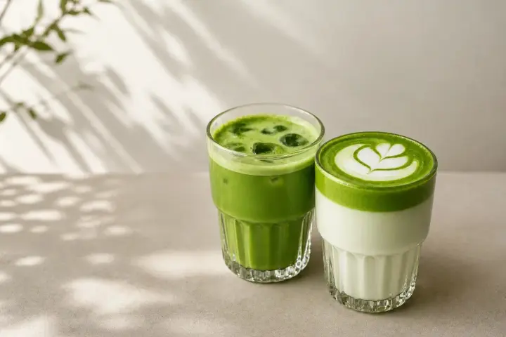 Dwa orzeźwiające napoje: zielone matcha latte z pianką i lodowe matcha. Idealne na upalne dni.