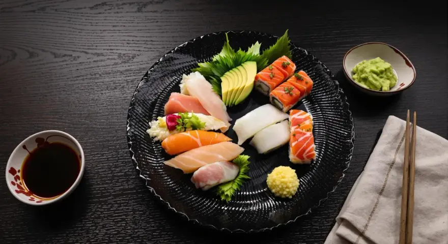 Talerz z różnorodnym sushi: nigiri z łososiem, tuńczykiem, kalmarem, rolki z łososiem, awokado. Obok sos sojowy, wasabi i pałeczki. Czy sushi się podgrzewa? Nie, to danie serwuje się na zimno.