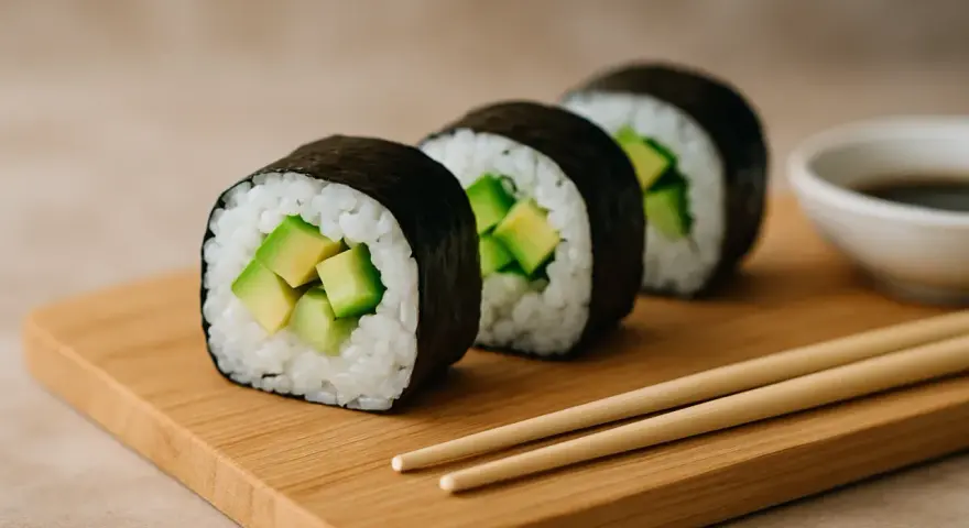 Trzy rolki sushi z awokado do sushi, ułożone na drewnianej desce, obok sosu sojowego i pałeczek.