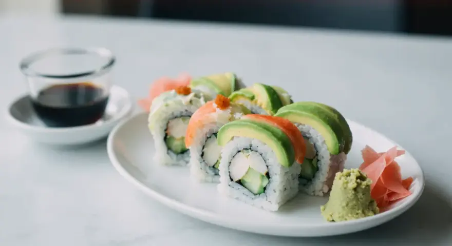 Uramaki california z awokado, krabem i ogórkiem, podane z wasabi i imbirem.