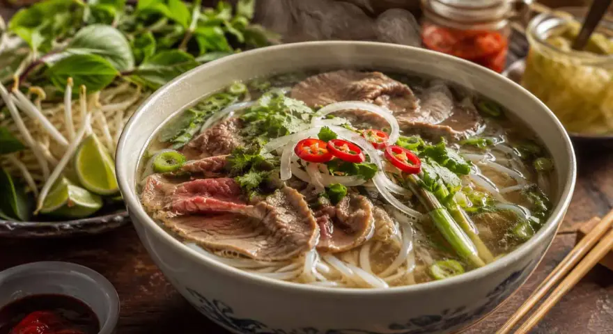 Aromatyczne pho bo z wołowiną, makaronem ryżowym, świeżymi ziołami, cebulą i papryczką chili. Obok miski kiełki, limonka i sos.
