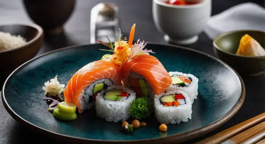 Wykwintne rolki sushi z łososiem, awokado i warzywami, podane z dodatkami do sushi: wasabi, imbirem i sosem.