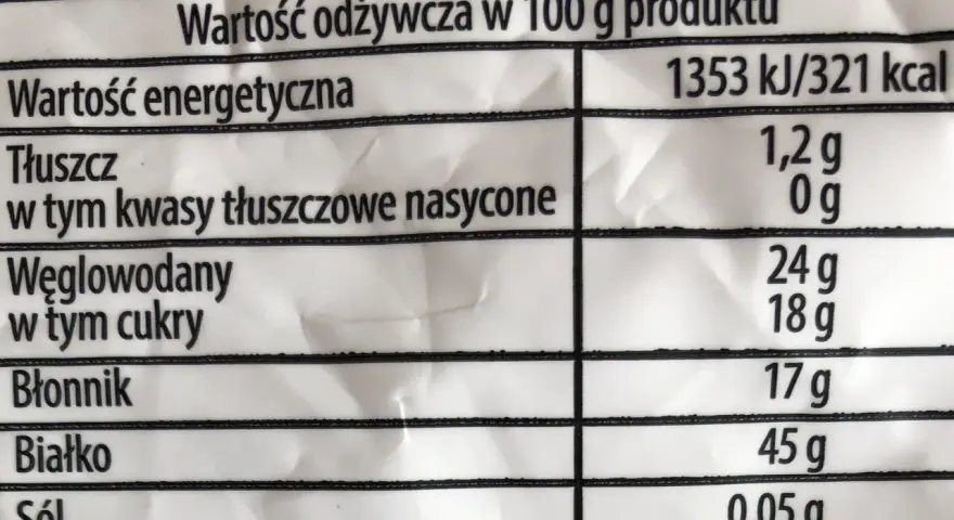 Tabela wartości odżywczych: czy kotlety sojowe Sante są zdrowe? 321 kcal, 1,2g tłuszczu, 24g węglowodanów, 17g błonnika, 45g białka.